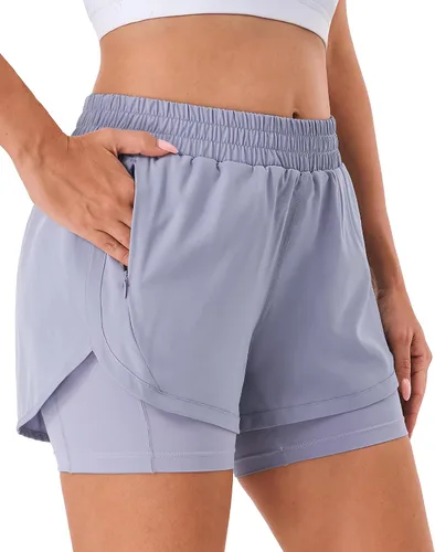 Vista 15 de Stelle Pantalones cortos de correr 2 en 1 para mujer, pantalones cortos deportivos de cintura alta, pantalones cortos de entrenamiento con forro