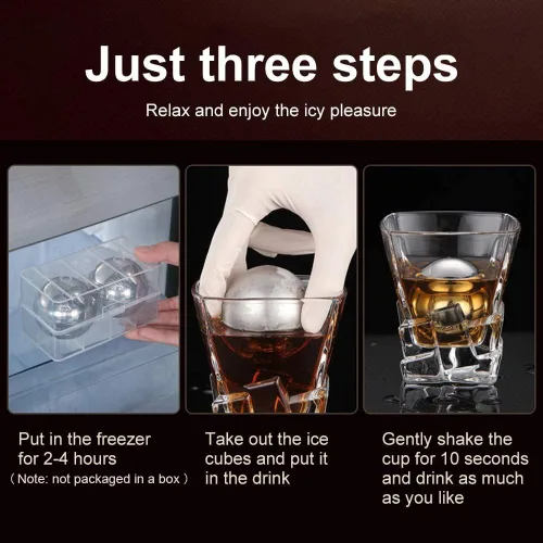 Vista 3 de Piedras de whisky, 2 piezas de cubitos de hielo de metal reutilizables, bolas de whisky redondas de acero inoxidable, bolas de whisky esféricas