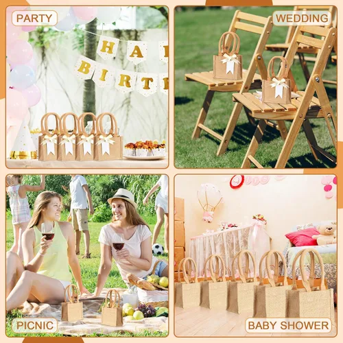 Vista 6 de Silkfly 20 mini bolsas de yute de arpillera con asa, pequeñas bolsas de comestibles reutilizables en blanco