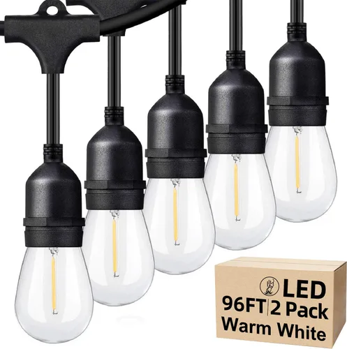 Vista 12 de Cadena de luces para exteriores de 96 pies (48 x 2), luz de patio de alambre blanco resistente de grado comercial con bombillas LED S14 Blanco-2700K