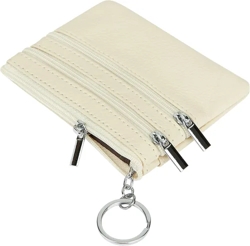 Vista 6 de Porta Monedas de Cuero Genuino para Mujer de Cynure, Mini Monedero con Llavero Beige