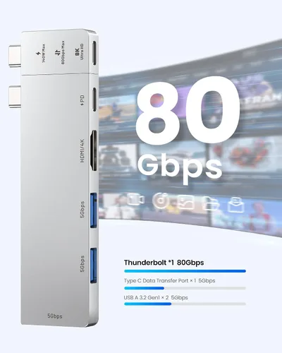 Vista 12 de VENTION Hub USB C 6 en 2 para MacBook Neo/Air/PRO, 80Gbps desmontable magnético 8K USB-C Dock con HDMI 4K a 240Hz, PD máximo de 140 W