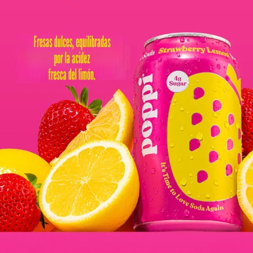 Vista 3 de POPPI - Soda prebiótica de limonada de fresa, lata de 12fl. oz