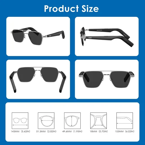 Vista 8 de GetD AI Smart Glasses Aviator, traducción en tiempo real, gafas Bluetooth AI Sunglasses for Women Men, Polarized Lens, Bluetooth Open Earbuds, 11H