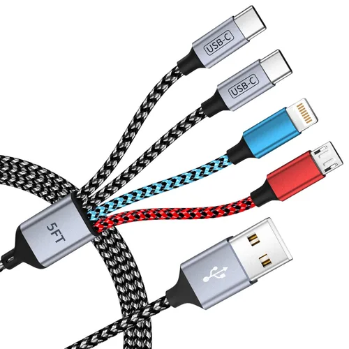 Vista 16 de Cargador de teléfono de 90 grados, cable de carga múltiple 4 en 2, cable USB C CarPlay con doble tipo C, micro USB, puerto IP, cable USBC de nailon