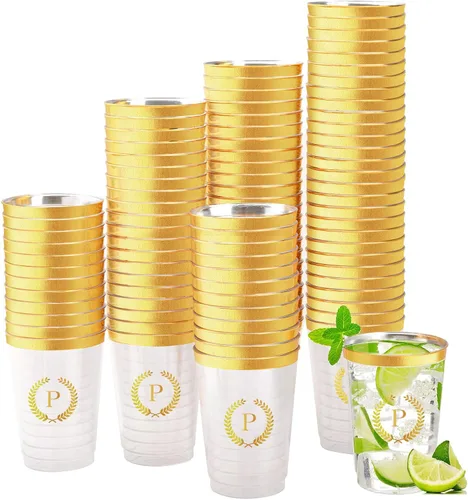 Vista 16 de 100 vasos de plástico con monograma de lámina dorada con letra A, vasos desechables de 12 onzas con inicial transparente para fiestas, bodas