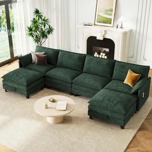 Vista 12 de Sofá modular moderno en forma de L de 106 pulgadas, sofá nube de felpilla con otomana de almacenamiento, sofás de asiento profundo con bolsillo Verde