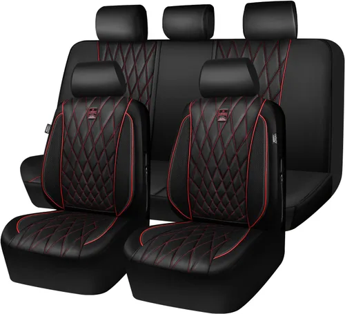 Vista 26 de Car Pass - Juego completo de fundas de asiento de lujo con ribete de cuero sintético, cubiertas de asiento automotrices antideslizantes impermeables