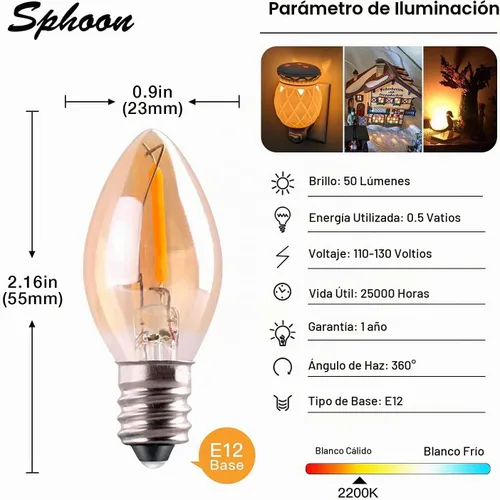 Vista 2 de Bombilla nocturna LED C7, base de vela estilo Edison clásico E12, bombilla de filamento LED de 0.5 W, bombilla de repuesto de luz de letrero