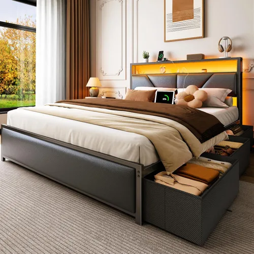 Vista 10 de OURPIC Base de cama de tamaño matrimonial, cabecera de almacenamiento de 2 niveles y 6 cajones de tela, plataforma tapizada de piel sintética, marco