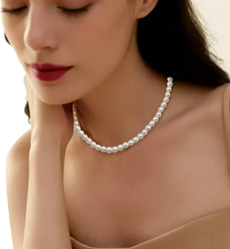 Vista 2 de Gargantilla de perlas para mujer, collar de cuentas de perlas sintéticas, juego de aretes, joyería de disfraz, Vidrio, no aplica