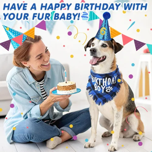 Vista 7 de SCENEREAL Suministros para fiesta de cumpleaños para perros, bandana de cumpleaños para perro, juego de collar de pajarita con números de Niño azul