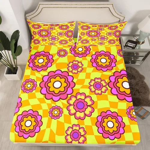 Vista 15 de Juego de ropa de cama con diseño floral bohemio, tamaño individual, diseño retro de flores groovy, 60S y 70S, diseño de flores hippie para niños