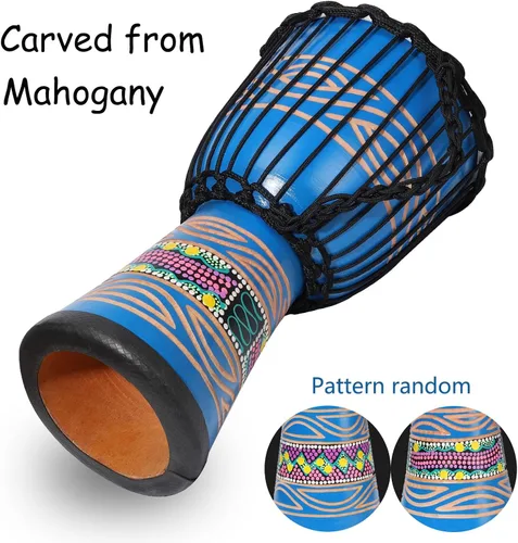 Vista 4 de LIEKE Djembe - Tambor africano de 10 x 20 pulgadas, cabeza de cabra caoba, pintado a mano, patrón pintado a mano, para adultos principiantes (azul)