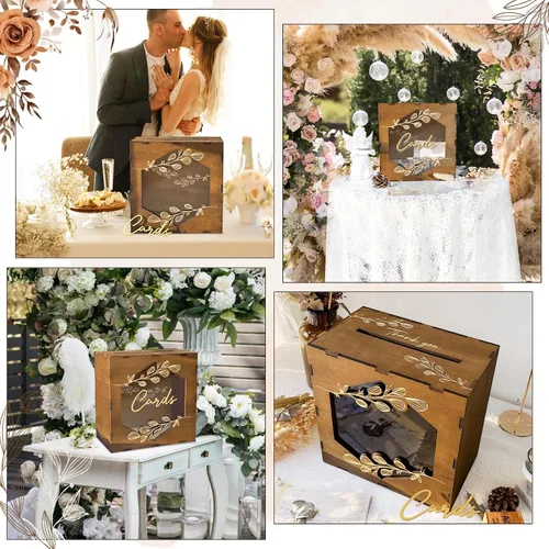 Vista 6 de Caja de tarjetas de boda marrón OurWarm con ventana de acrílico, caja de tarjetas de regalo de madera para decoraciones de recepción de boda, caja
