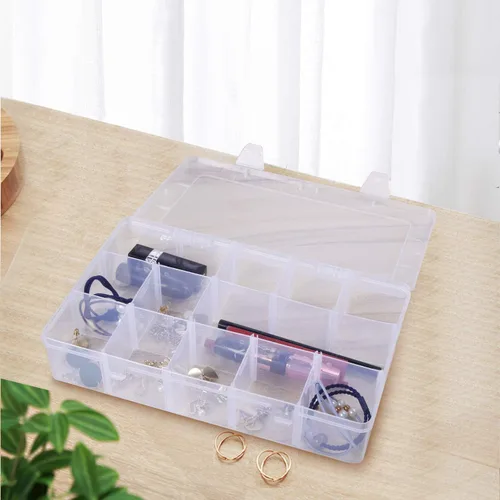 Vista 6 de Gospire Organizador de joyería Caja de almacenamiento de plástico transparente con 15 grandes rejillas con divisores extraíbles