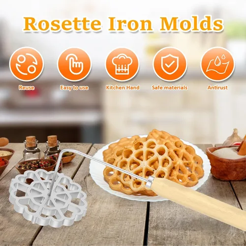 Vista 6 de Molde para bunuelos con mango de madera, molde de aluminio para hacer galletas, rosetón desmontable, herramienta de bunuelos para galletas, molde 2