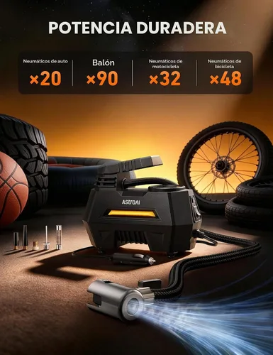 Vista 4 de AstroAI - Inflador de neumáticos - Compresor de aire portátil para neumáticos de auto - Bomba automática de 12 V CC con manómetro digital, con luz