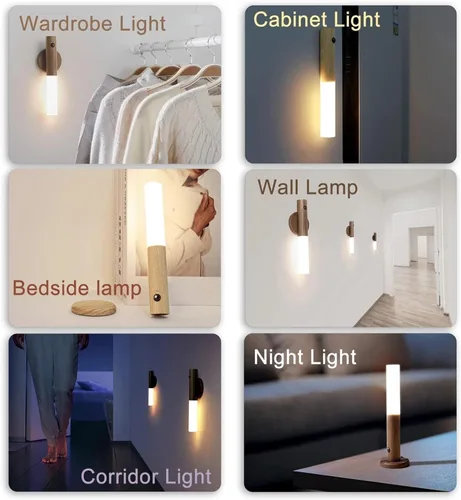 Vista 6 de Apliques de pared, luz nocturna inteligente con sensor portátil, luz nocturna magnética recargable por USB de madera para dormitorio, pasillo