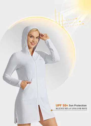 Vista 2 de Willit Chaqueta larga con capucha y protección solar UPF 50+ para mujer, ligera