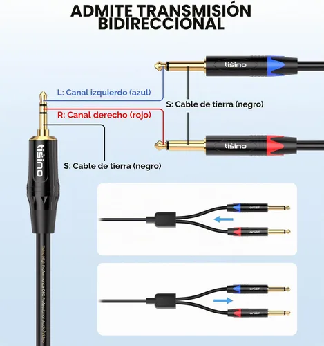 Vista 7 de Tisino - Cable TRS estéreo de 1/8" a dual TS mono con divisor en Y de 1/4", cable estéreo con miniconector auxiliar de 3.5 mm a conector de 6.35 mm