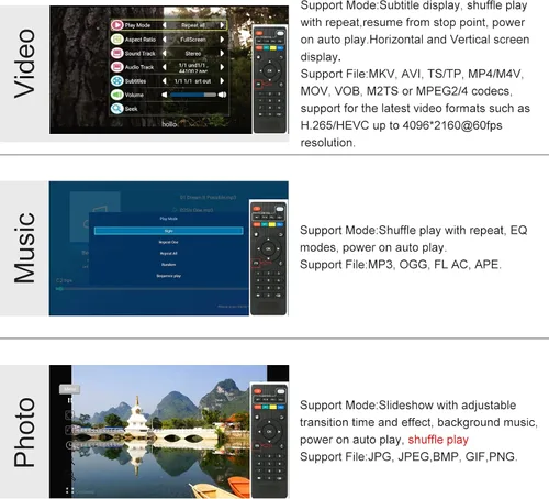 Vista 5 de Reproductor multimedia MP4 4K @60hz con fuente de alimentación, unidad USB HDD/256G de 8 TB/tarjeta SD con salida HDMI/AV para HDTV/PPT MKV AVI MP4