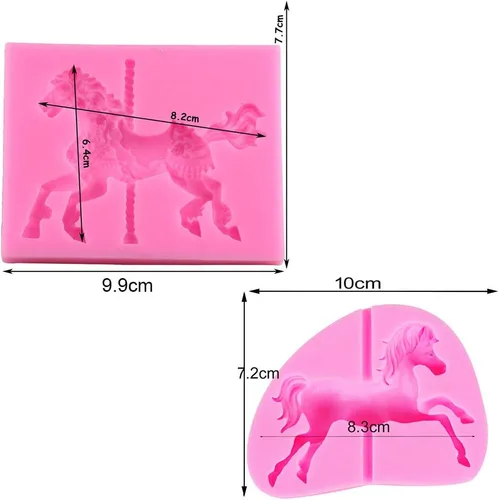 Vista 2 de Juego de 2 moldes de silicona para pastel de carrusel de caballo, molde de fondant para tartas de azúcar alegre, redondo, para cupcakes, pasta