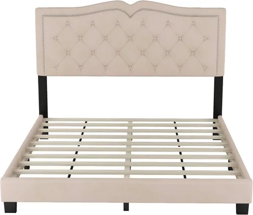 Vista 5 de Marco de cama de terciopelo tamaño Queen, cabecera capitonada con alas de canal vertical, cama con plataforma tapizada, listones de madera fuertes