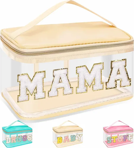 Vista 23 de izuzta Bolsas de maquillaje transparentes con letras de chenilla, bolsa de maquillaje de parche preppy con asa