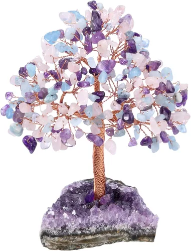Vista 12 de Jovivi Árbol de Dinero de Cristal Curativo de Gemas de 7 Chakras Naturales sobre Base de Geoda Drusa de Racimo de Amatista, Cristales de Feng Shui