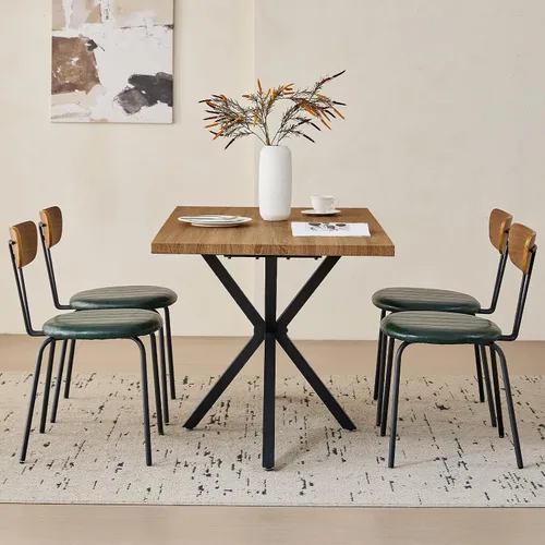 Vista 3 de Dining Table Set for 4, Modern 55" Brown Wood Grain Kitchen Table with 4 Stackable Dining Chairs, Faux Leather, for Dining Living Room Apartment
