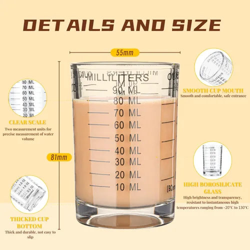 Vista 3 de Vaso de Medida de Chupito 3 onzas/90ML de Vidrio Pesado Líquido de Alta Calidad para Espresso, Copa Negra con Línea
