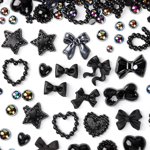 Vista 2 de 450 piezas de dijes de uñas de perlas 3D negras de múltiples formas, dijes de perlas planas de COOSLIM, corazones, moños, estilos mixtos, estrellas