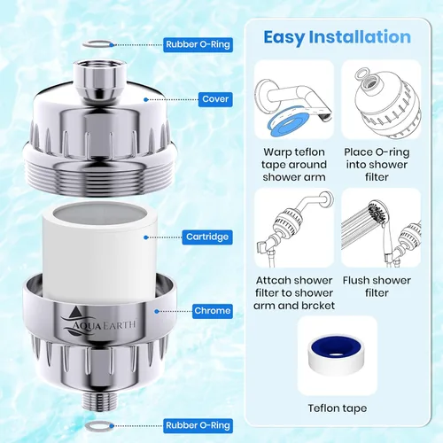 Vista 4 de Aqua Earth Filtro de ducha de 15 etapas, 3 cartuchos incluidos con filtros de ducha de vitamina C para agua dura, tecnología única de carbón