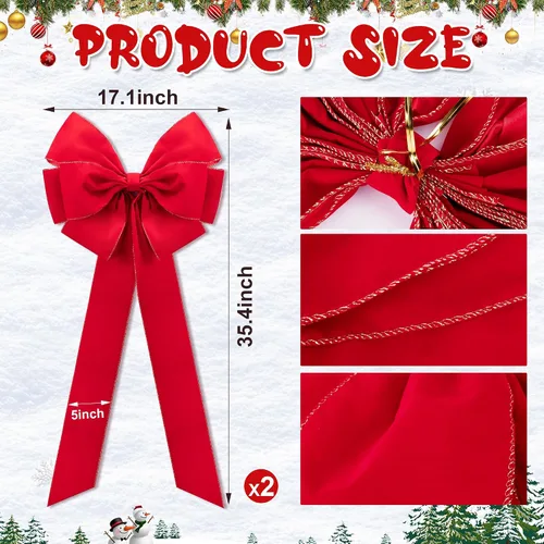 Vista 2 de Iceyyyy 2 lazos grandes de Navidad, 35.4 x 17.1 pulgadas, lazos de terciopelo rojo con bordes dorados, adornos para decoración de árbol de Navidad