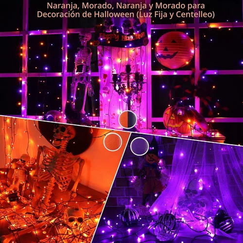 Vista 2 de Toodour - Guirnalda de luces RGB para Halloween, 82 pies, 200 luces LED naranja y morado