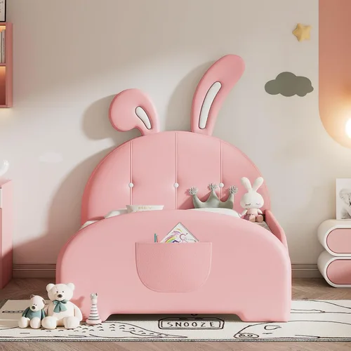 Vista 3 de Bellemave Cama de plataforma tapizada tamaño individual con cabecera en forma de conejo, cama de princesa rosa para niñas, marco bajo con riel