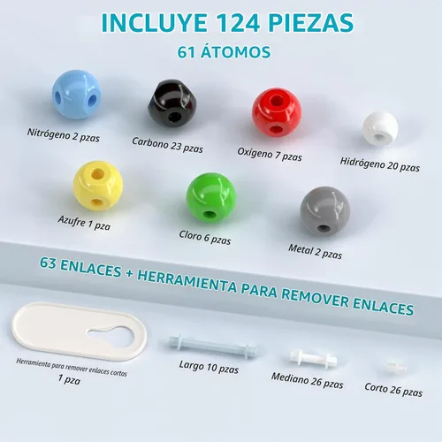 Vista 3 de Kit de modelo molecular, juego de 124 piezas de química molecular orgánica, kit de modelo de elementos atómicos para lecciones de química, kit