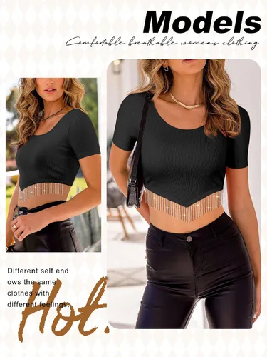 Vista 2 de Dresswel Nashville - Blusa corta brillante de manga corta con flecos de diamantes de imitación para verano, blusa corta con borlas y purpurina