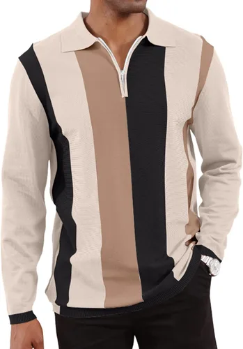 Vista 19 de Camisas polo de moda para hombre, camisas de punto vintage a rayas, camisas de golf casuales ajustadas