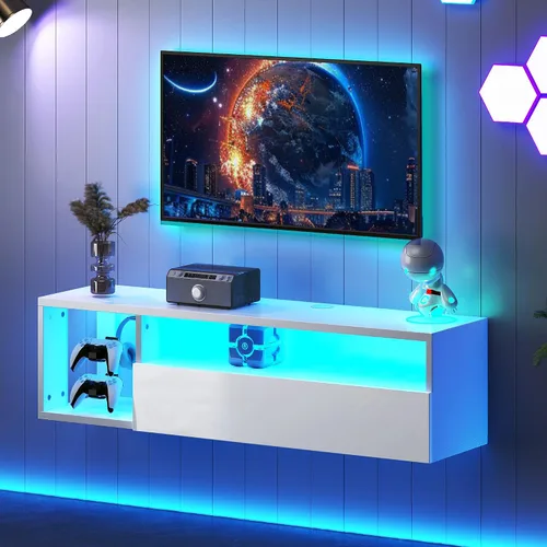 Vista 9 de DlandHome Soporte flotante para TV con luz LED, consola multimedia de 39.3 pulgadas, estante flotante para debajo del televisor con estante