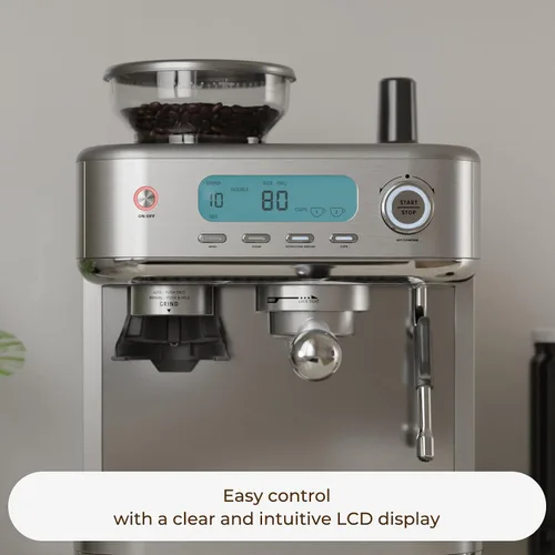 Vista 14 de Máquina de café expreso con molinillo y varita de vapor, acero Plateado