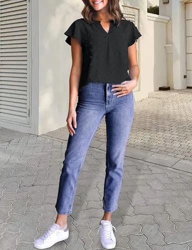 Vista 6 de MEROKEETY Blusa de verano de manga corta con volantes y cuello en V para mujer 2023, con lunares suizos, blusa de túnica