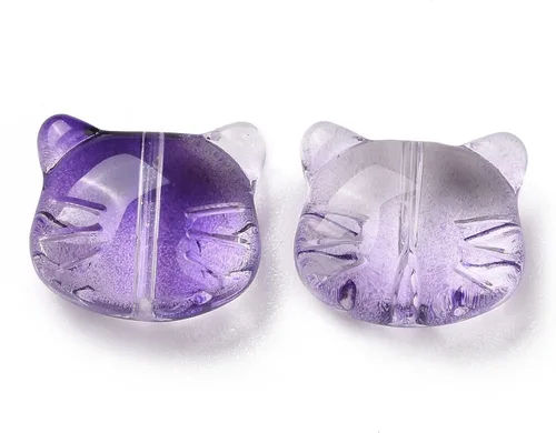 Vista 2 de KISSITTY 200 cuentas de cristal de gato para fabricación de joyas, color azul violeta, forma de cabeza de gato, centro perforado de cristal