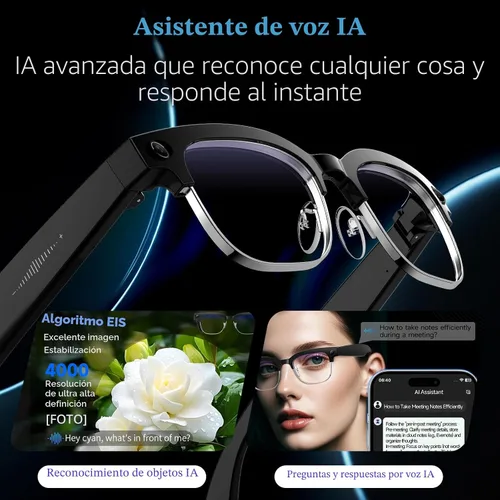 Vista 3 de Gafas Inteligentes AI con Cámara de 8MP, Video 4K y Foto HD, Audio Bluetooth, Asistente de Voz AI, Traducción en Tiempo Real, Reconocimiento
