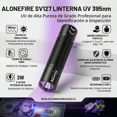 Vista 2 de ALONEFIRE SV127 Mini 395nm Linterna UV USB C recargable Blacklight Woods Lámpara Detector de Dinero Luz Negra para Detetector de Orina de Mascotas