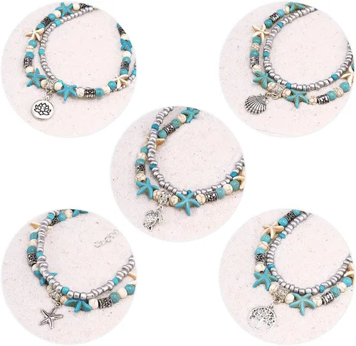 Vista 4 de Suyi 5 pulseras de tobillo para mujer, tobilleras ajustables en capas de playa, tobilleras de cadena bohemia, joyería de pie
