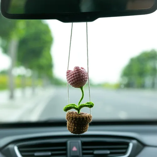 Vista 3 de Tulip - Adorno de ganchillo hecho a mano para automóvil, bonita flor de tulipán rosa, flor en maceta, cesta bohemia de punto para espejo retrovisor