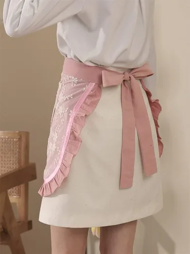 Vista 4 de Delantales de chef unisex blanco retro algodón criada corto 2 bolsillos cintura camarera mitad delantal