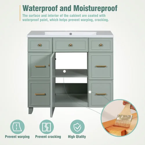 Vista 9 de LUMISOL Tocador de baño de 36 pulgadas con fregadero, tocador de baño de madera maciza con 3 cajones y armario agitador, gabinete de lavabo
